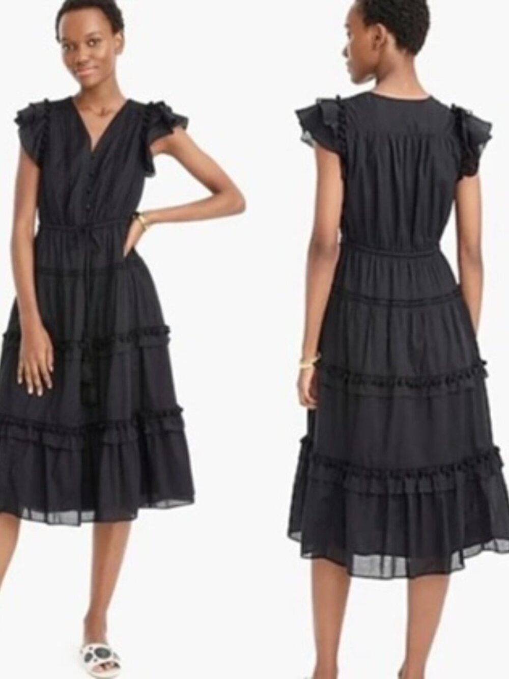 J. Crew Women's Point Sur Pom-Pom Flutter Sleeve Midi Dress in Cotton Voile 10